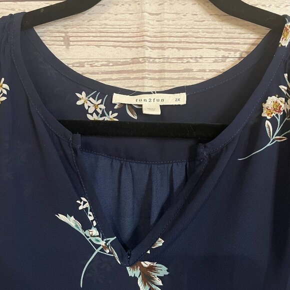 Fun2Fun Business Casual Blouse, Navy Blue Floral Print, Size 2XL - Picture 2 of 5